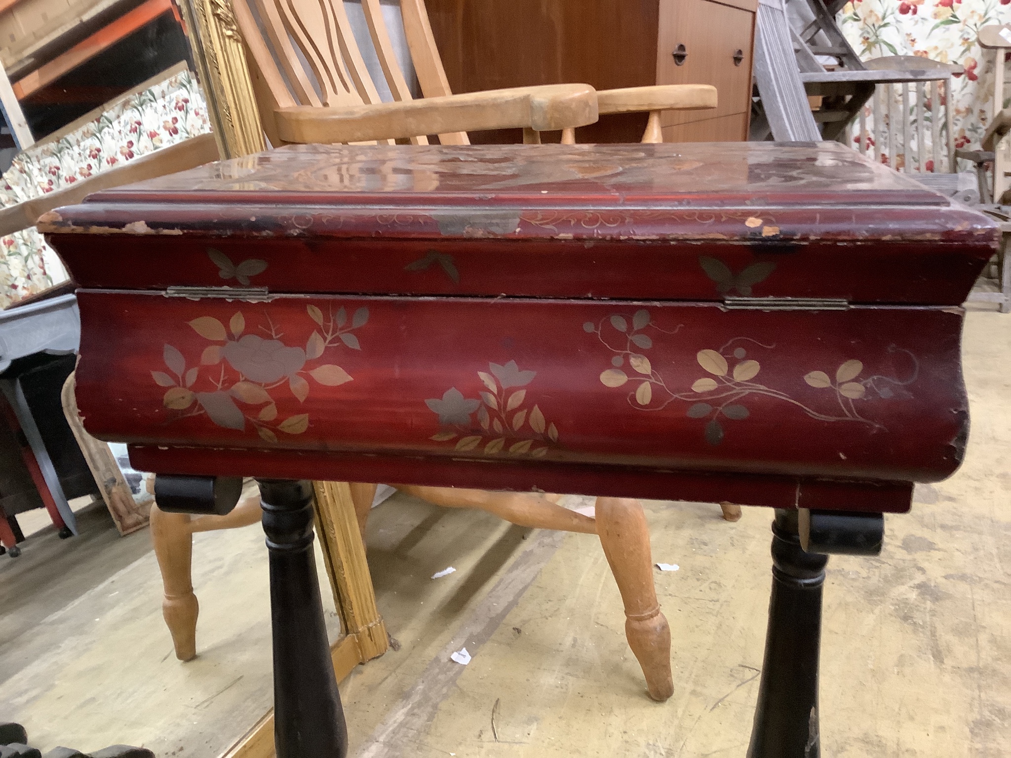 A Chinese lacquered work table, width 47cm, depth 32cm, height 69cm
